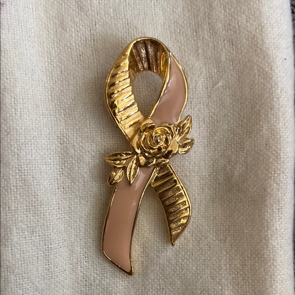 Gold and Pink Ribbon Brooch